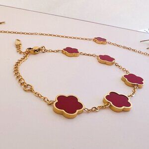 Gold Plated Clover RED Bracelet 5 Petals Unisex Womens jewelry